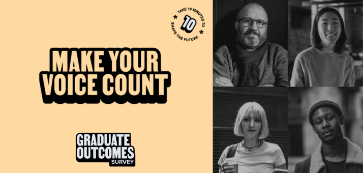 Four black and white photos of students and wording Make your voice count, Graduate Outcomes Survey