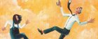 Image taken from the poster for 'Walking the Tightrope', depicting a cartoon-style drawing os a girl and her grandfather balancing on a tightrope against an orange sky.